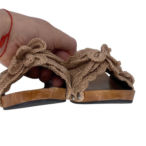 Vtg Bakya handcarved wooden heel tree palm crochet beige top slide tiki hut Sz 7 - Picture 10 of 12